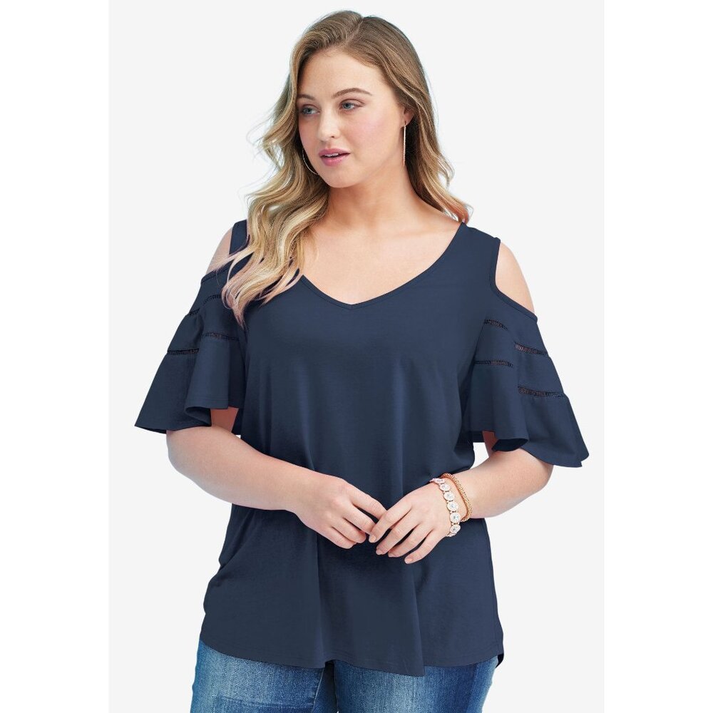 NEW Roaman's 4X 34/36 Ruffle Sleeve Top With Cold Shoulder Detail Hi Low Hem